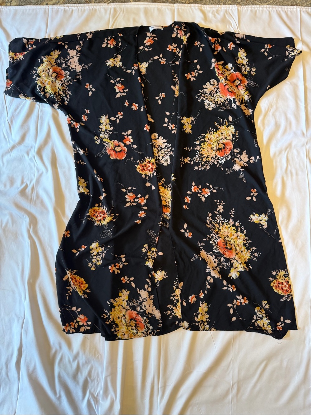 Ces Femme Black Floral Open Kimono with Orange and Yellow Blooms